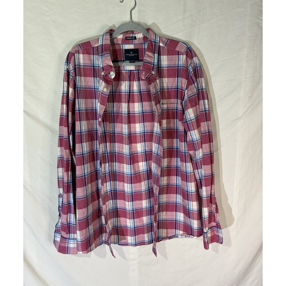 American Eagle Seriously Soft Men's XXL Pink Blue Plaid Button-Down Pocket Shirt
